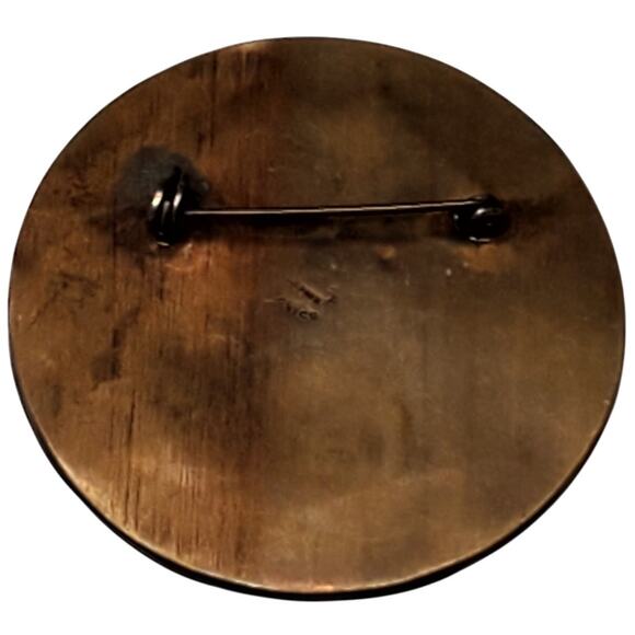 Alpaca Mexico Aztec Round Brass Brooch 2" Vtg Black Gold - Picture 2 of 4